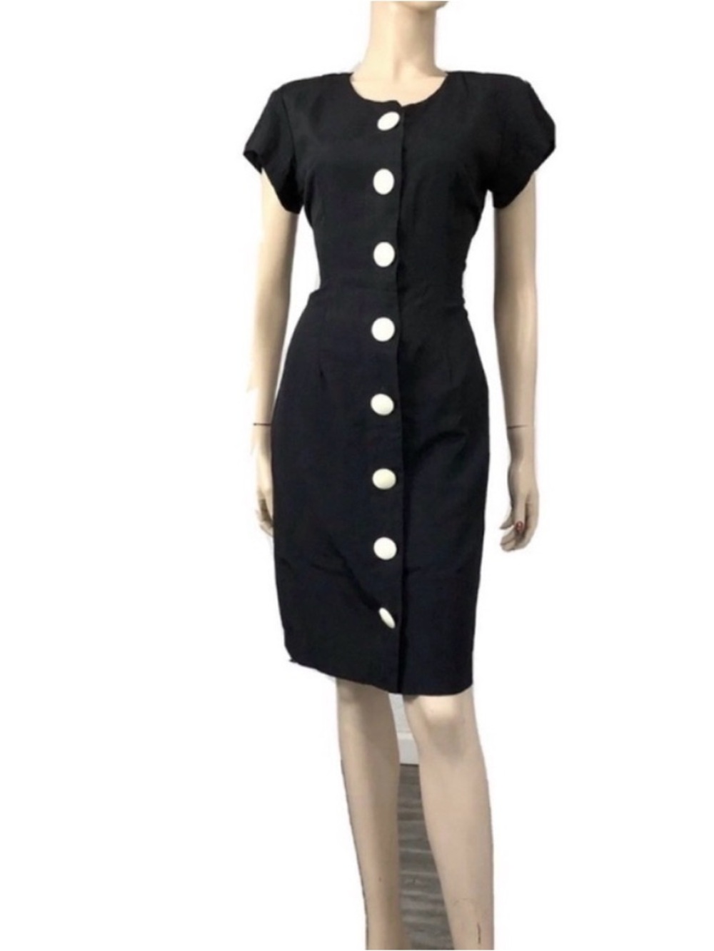 Elisabeth Tailored Black Midi Dress with Contrasting White Buttons -